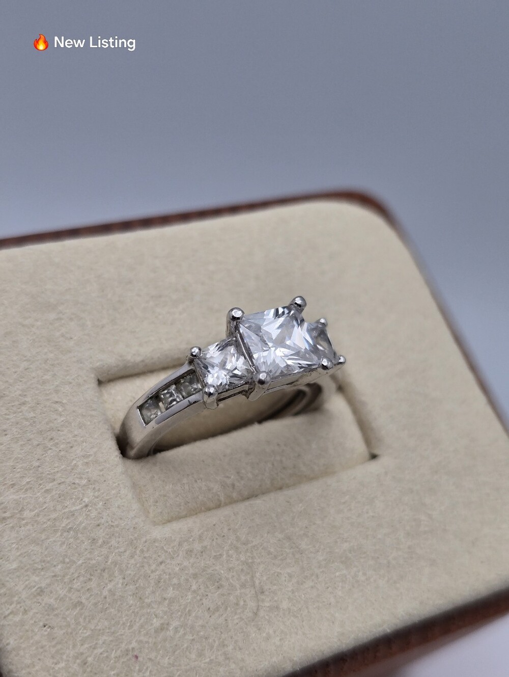 Princess Cut Three Stone Engagement Style Ring White Tone Size 5